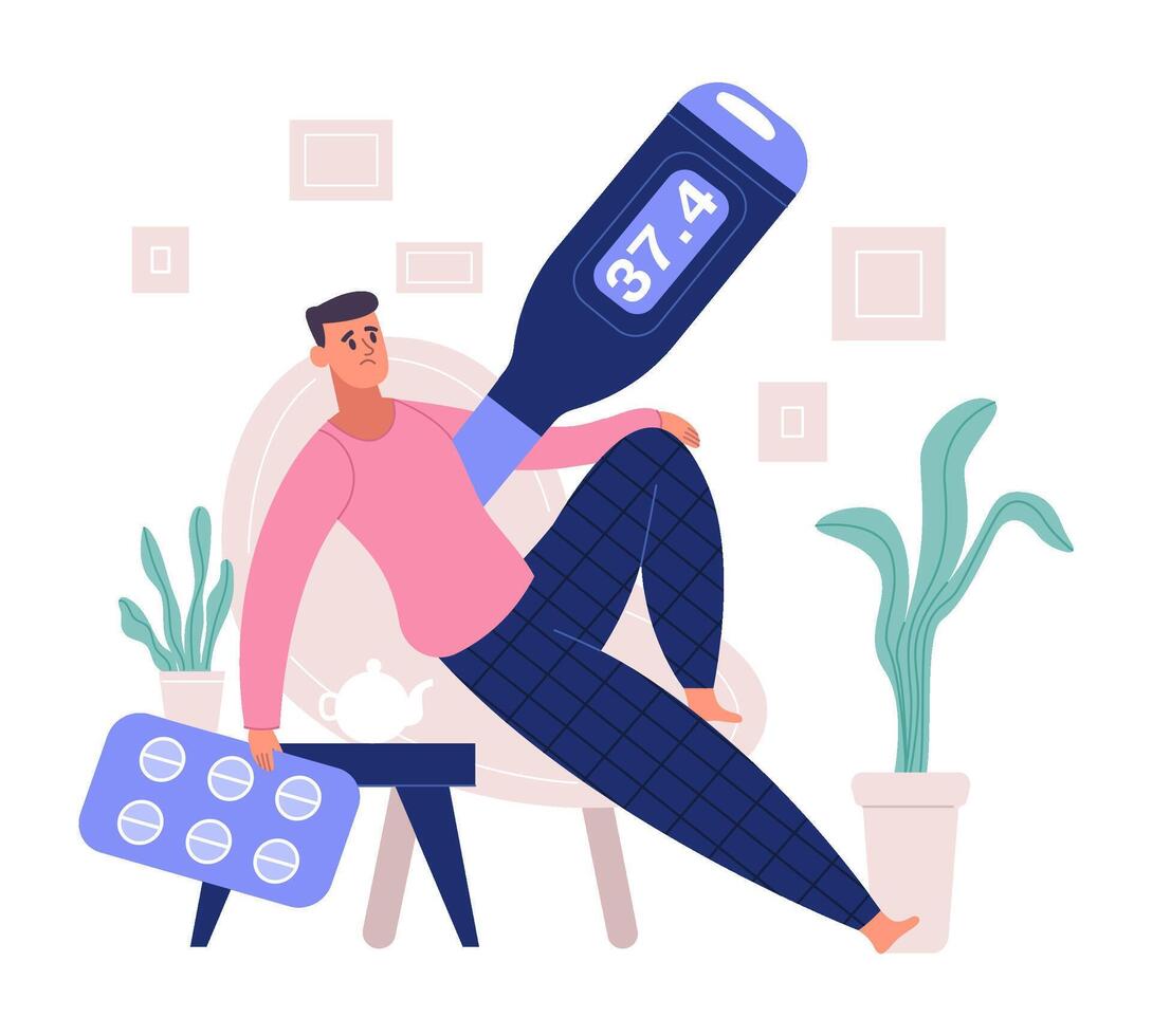 Sick person with cold symptoms, fever, cough and sneeze. Male characters with fever and headache illustration. Cold, flu or virus disease symptoms vector