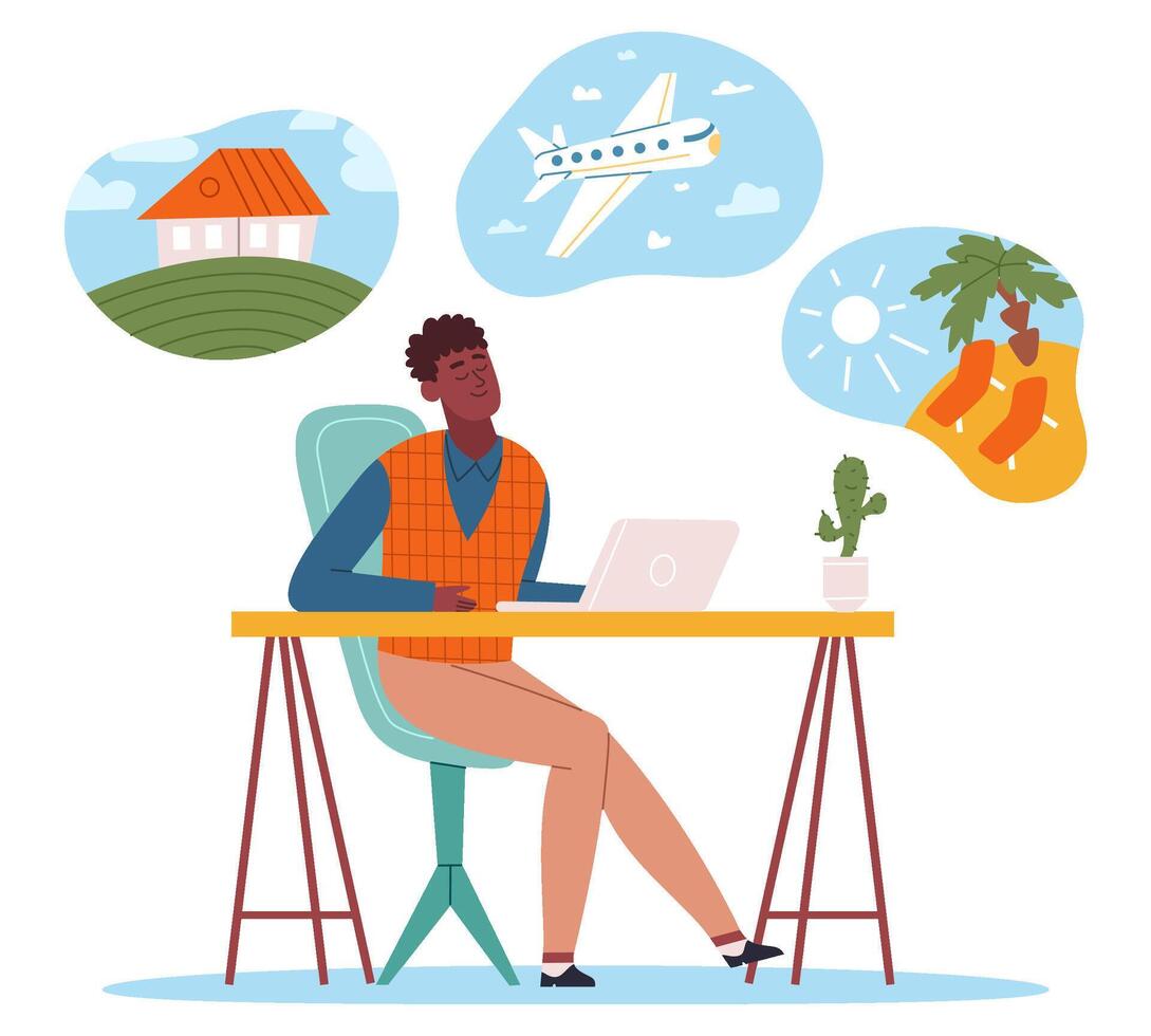 Male character dreaming about financial health, house and car. Dreamy man thought about business success and wealth illustration. Dreaming pensive person vector