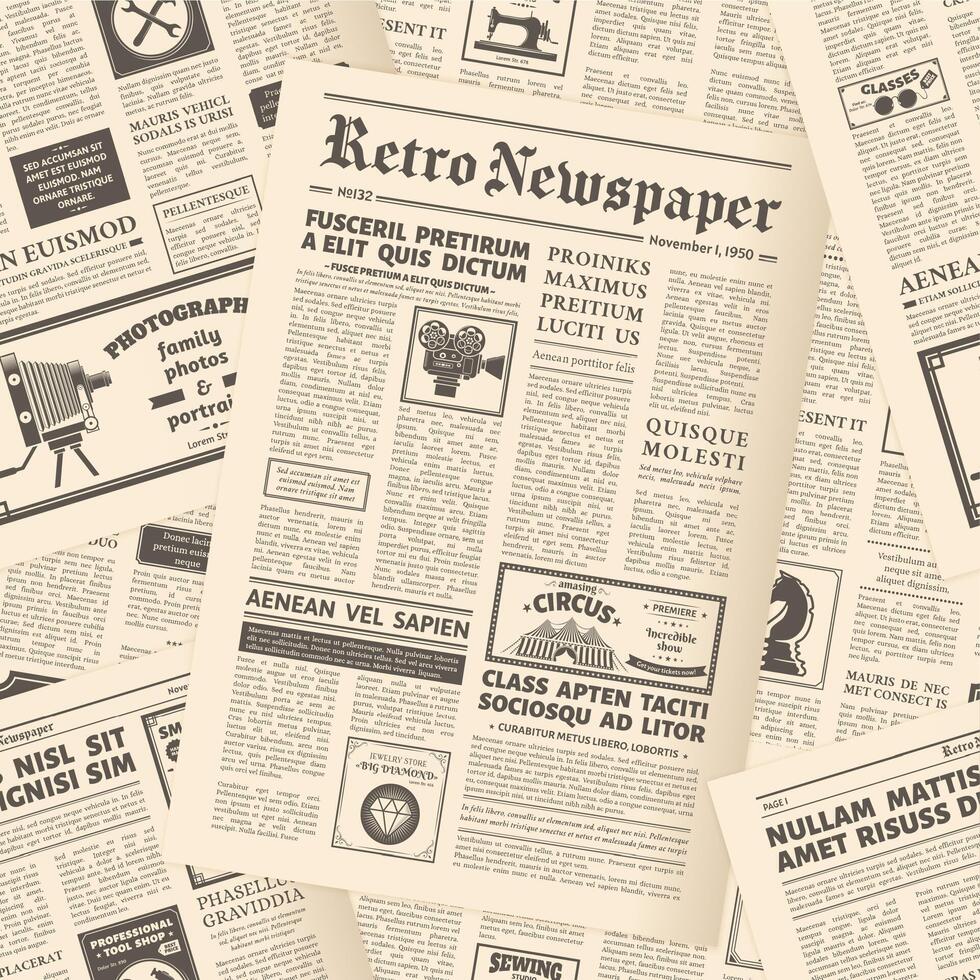 Old retro newspaper spread pages background poster. Vintage newspaper pages seamless pattern, newsprint background illustration. Retro newspaper page backdrop vector