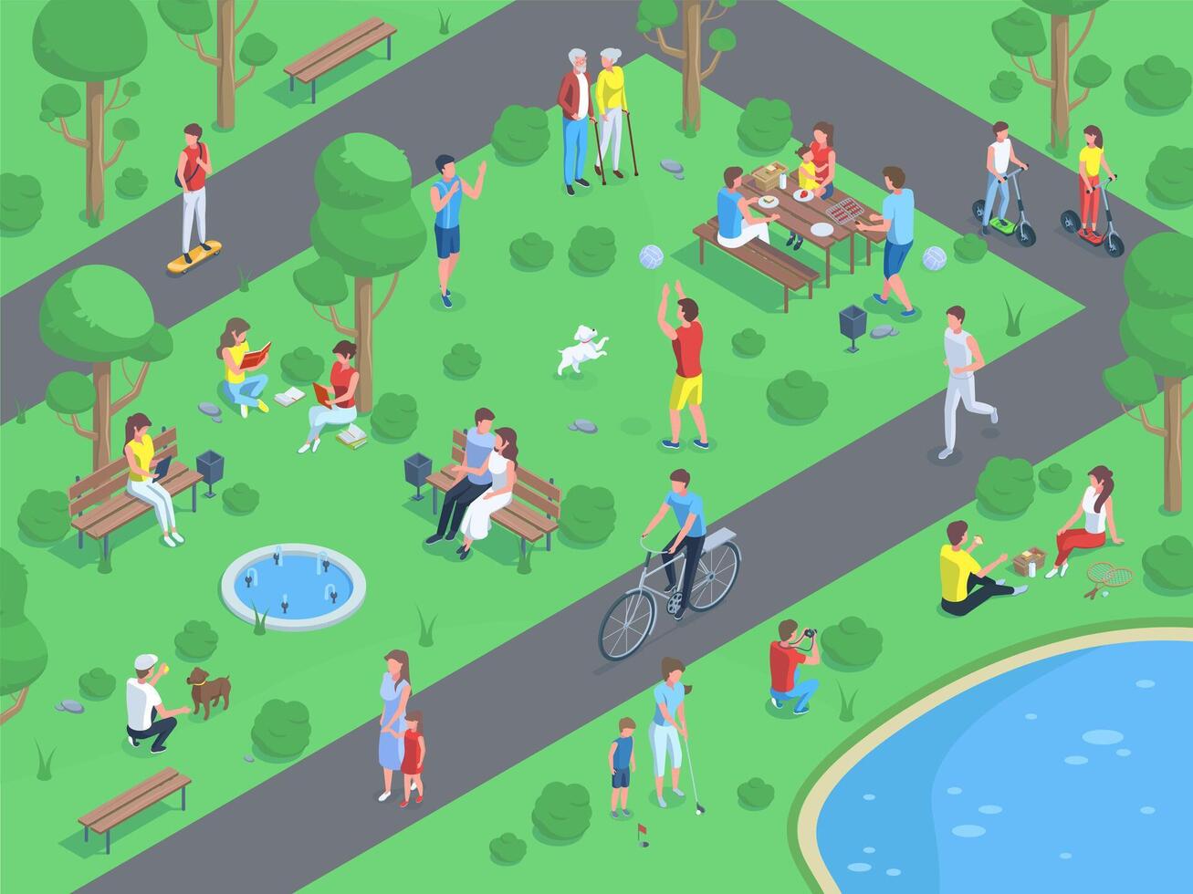 Isometric city park landscape with people doing outdoor activities. Public park summer active recreations illustration. People walking, jogging and having picnic vector