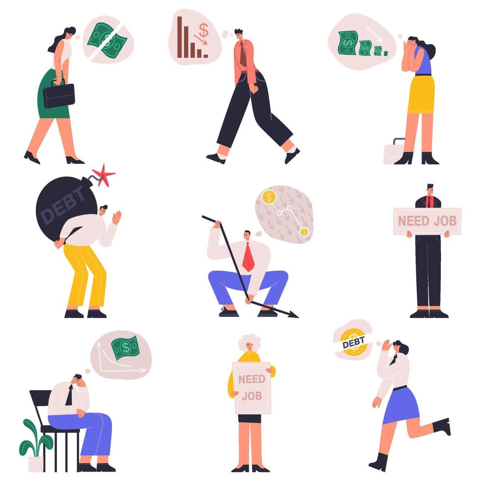 Bankruptcy, company financial trouble, business problems and economical crisis. Stressed office workers in financial crisis illustration set. Company financial trouble vector