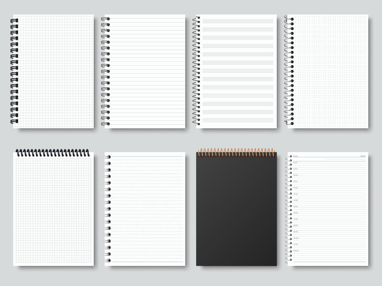 Realistic notepapers, spiral binding notebook, sketchbook or calendar. Open and closed diary, organiser or copybook illustration set. Blank notebook mockups vector