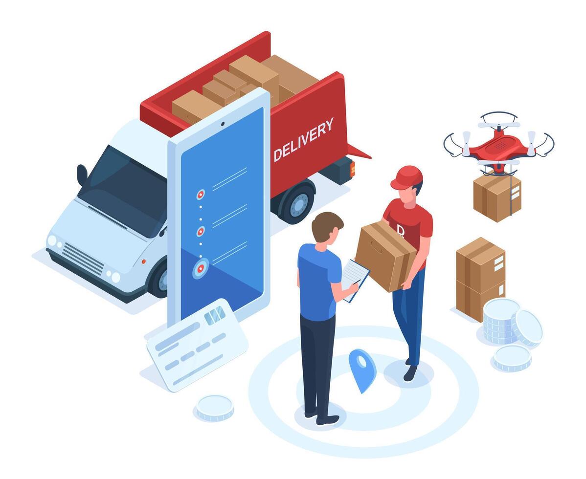 Isometric logistic, shipping service, delivery man carrying parcel. Courier brings package to client, home delivery illustration set. Logistics and delivery concept vector