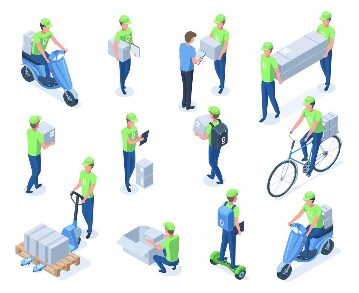 Isometric courier characters, logistic, delivery service workers. Courier carry boxes, bring packages with bicycle or scooter illustration set. Parcel delivery service vector