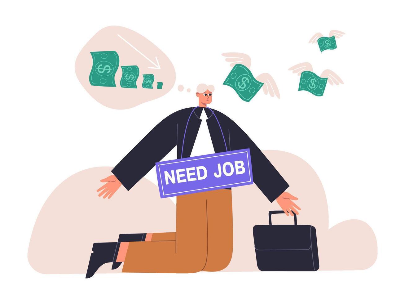 Financial problems, sad businessman with business bankruptcy and crisis. Stressed unhappy male character financial trouble illustration. Business problems concept vector