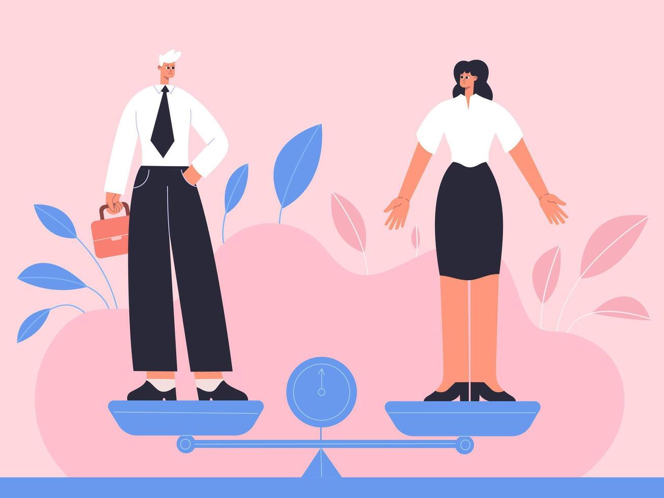 Gender career equality, male and female equal work opportunities. Equal social weigh, work opportunities scale metaphor illustration. Business male and female equality vector