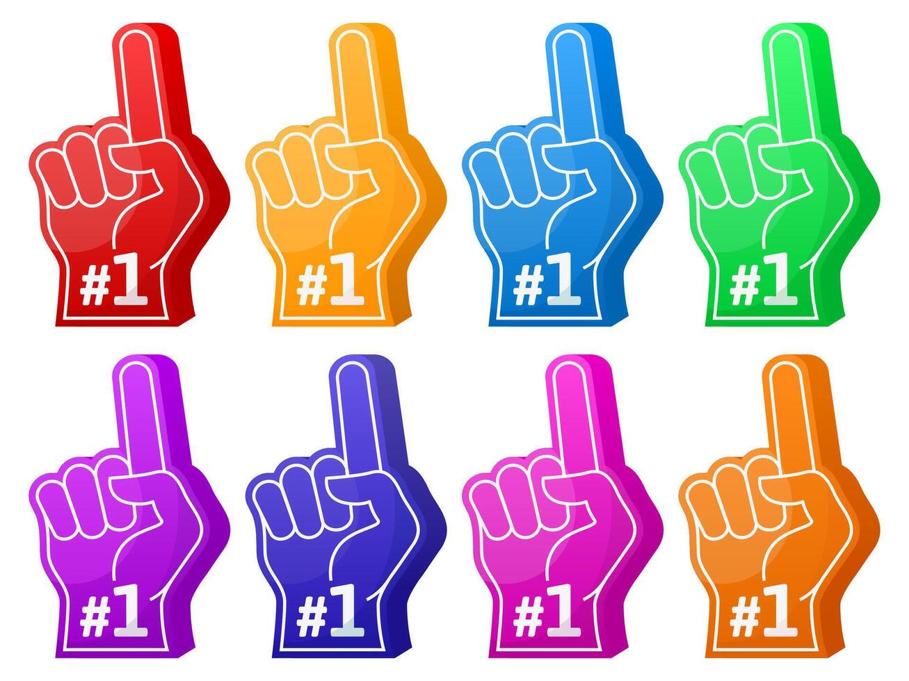 Foam fan finger, number one sports fan support foam hands gesture. Sports team support foam fingers victory gesture illustration set. Fist place foam finger gesture vector