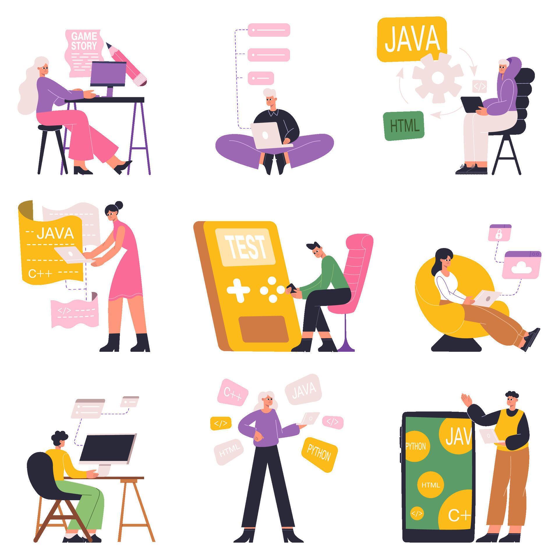 Software developers, game designers, javascript programmers characters ...