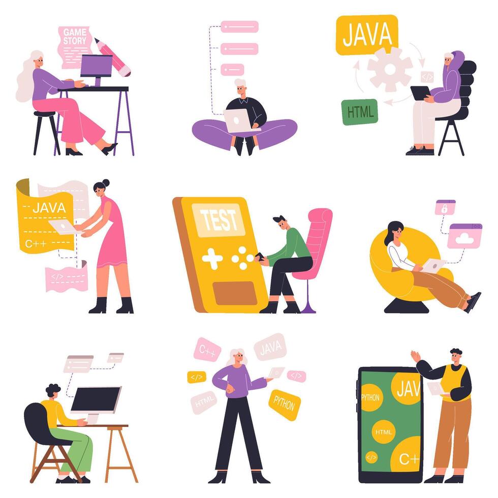 software desarrolladores, juego diseñadores, javascript programadores caracteres. web desarrolladores, software programadores a trabajo plano ilustración colocar. guión escritor caracteres vector