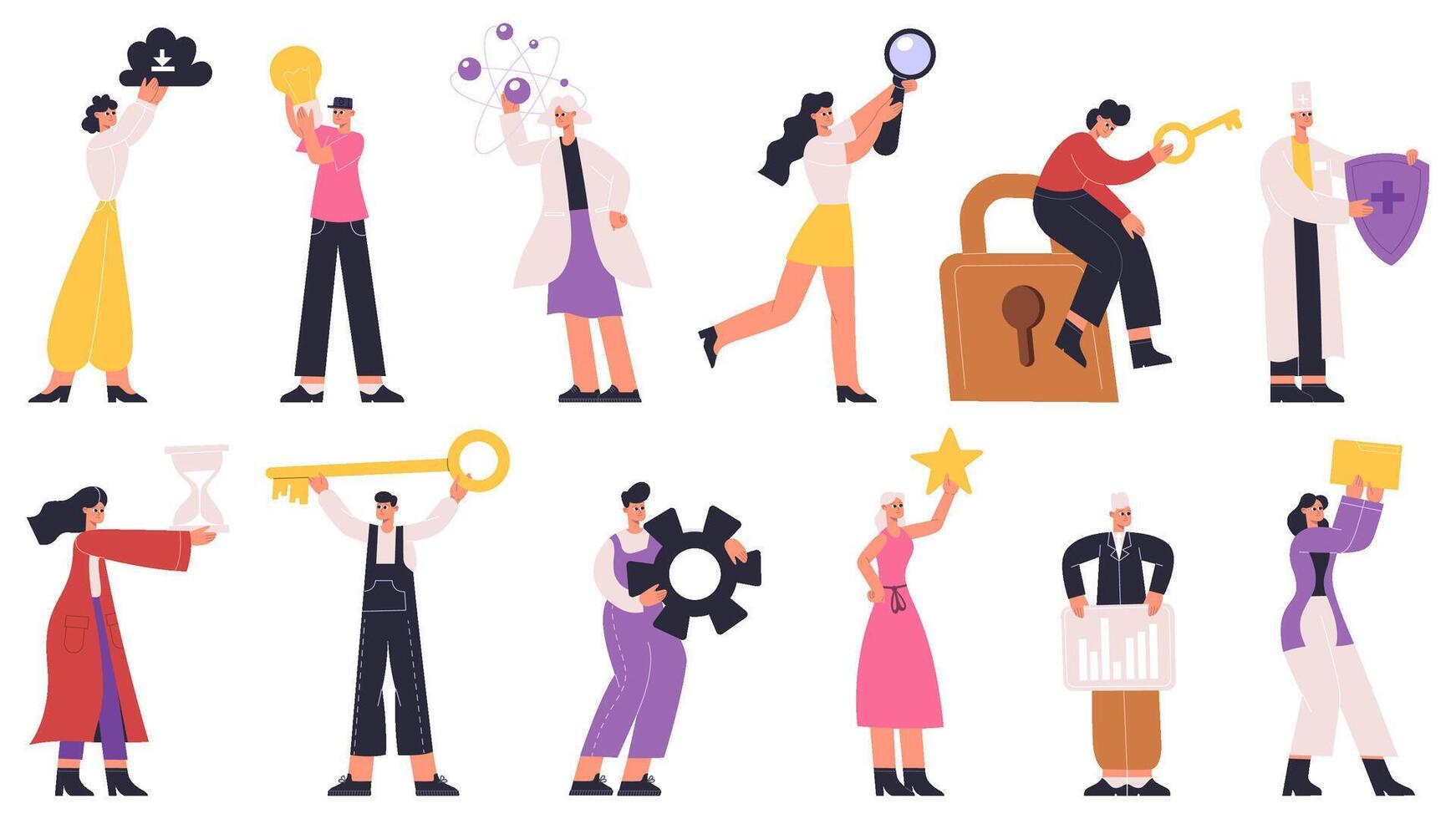 Tiny characters holding giant occupations activities icons. Characters with signs objects, gear, bulb, star flat illustration set. People hold big occupation signs vector
