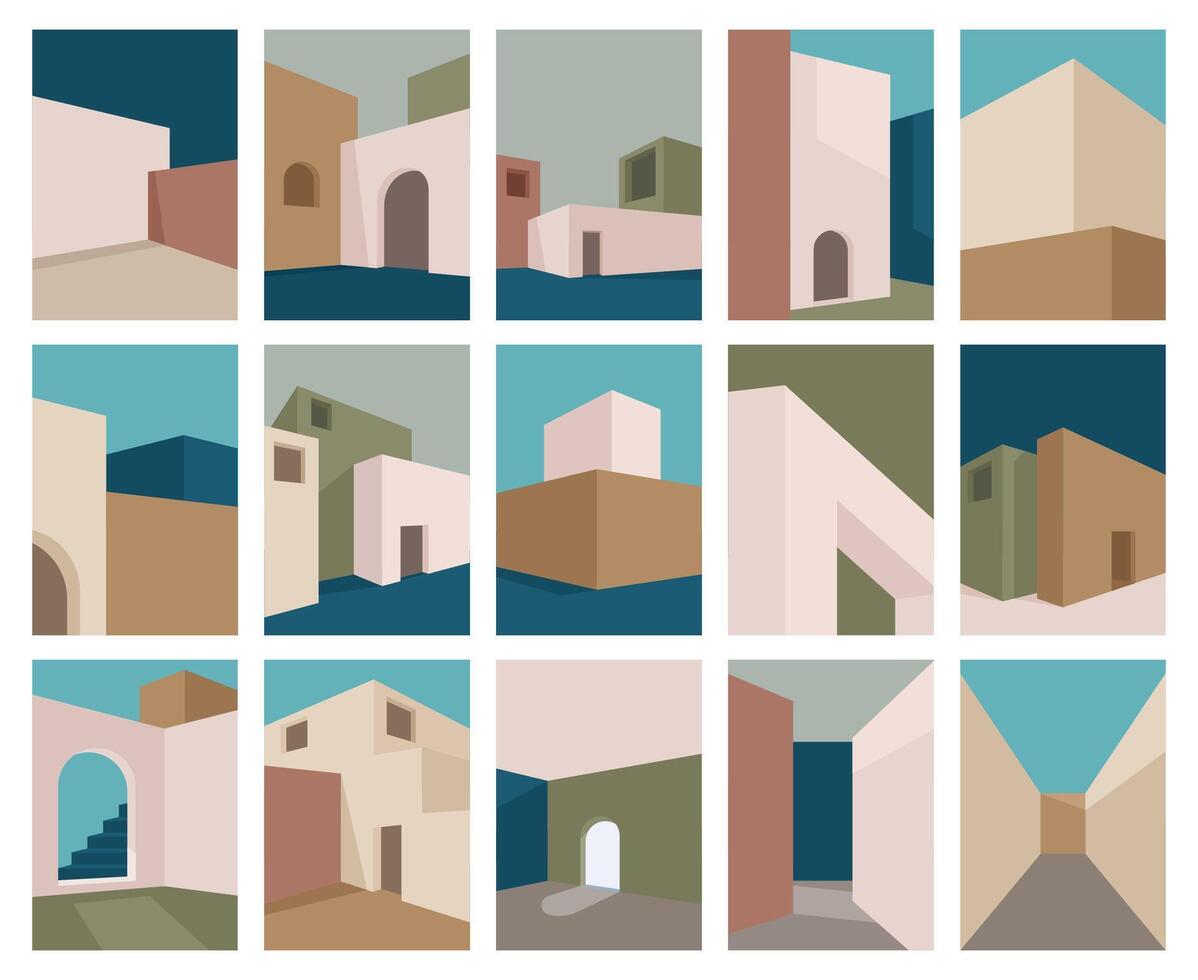 Modern building, abstract geometric architecture elements posters. Minimalistic city building abstraction covers illustration set. Architecture abstract posters vector