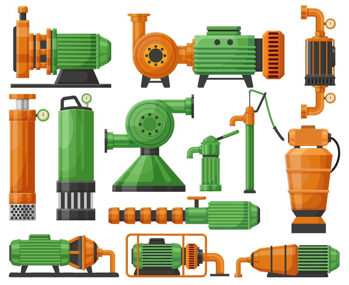 Industrial water pumps, water pumping station appliance. Water pumping compressor, water pumping station equipment flat illustration set. Industrial water pumps vector
