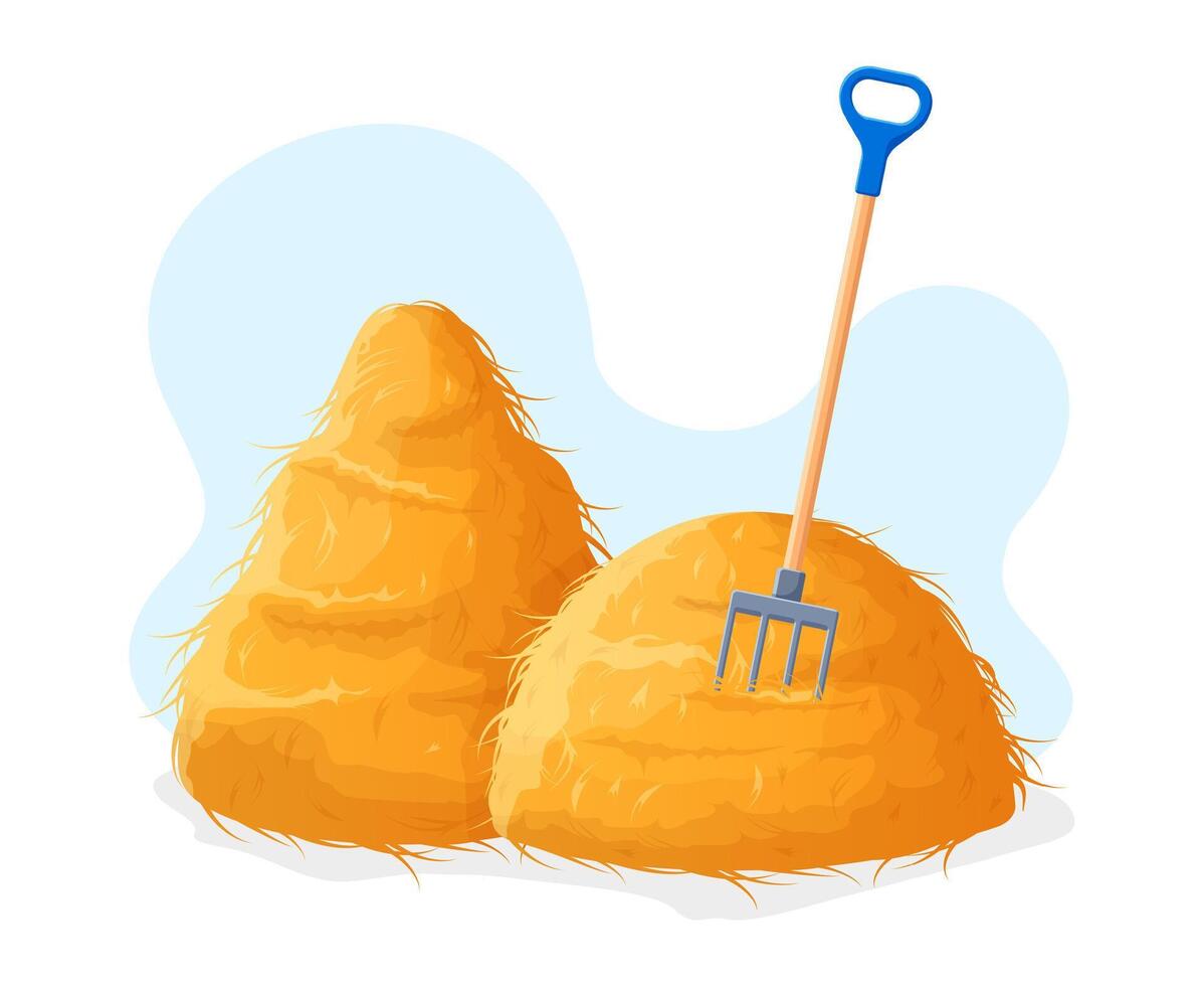 Bale of hay, agricultural rural haying, dried straw haystack with forks. Rural haycock, straw sheaf, wheat or rye ears illustration. Dried farming haystack vector
