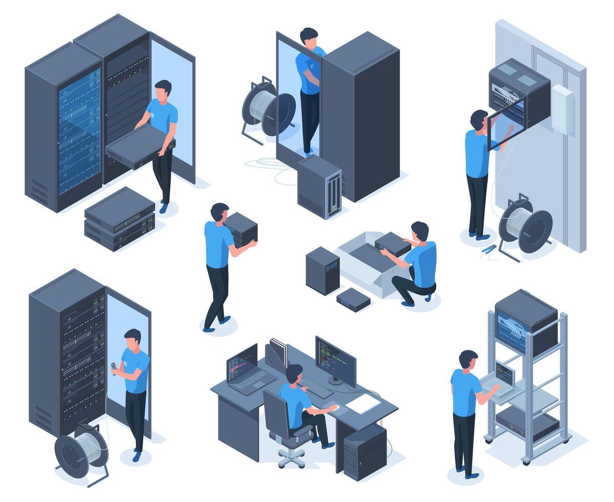 Isometric engineers characters serve data center network equipment. Computer network technology repair workers illustration set. Hosting servers equipment maintaining vector