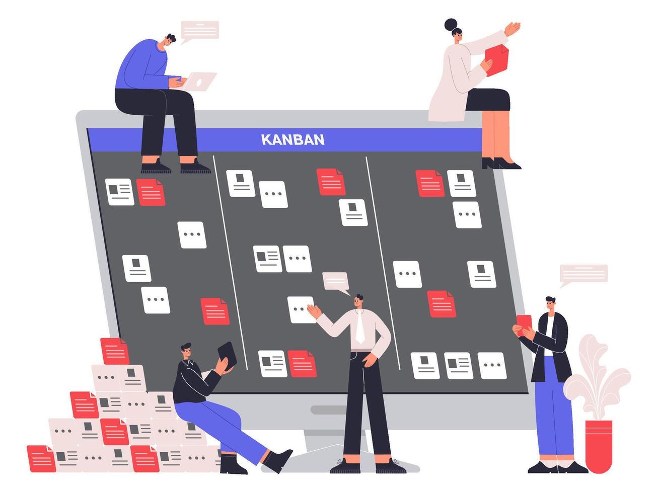 Software developers characters work with scrum task board. Kanban board project management workflow illustration. Software development work process vector