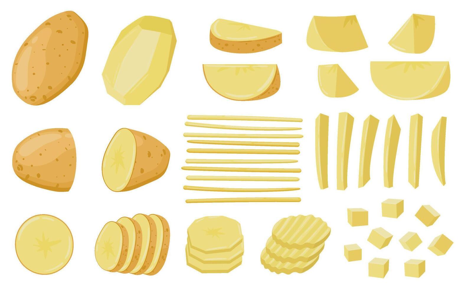 Cartoon sliced potatoes, chopped wedges and straws raw potato. Peeled potato root vegetable, sliced raw foods illustration set. Ready to cook potato vegetable vector