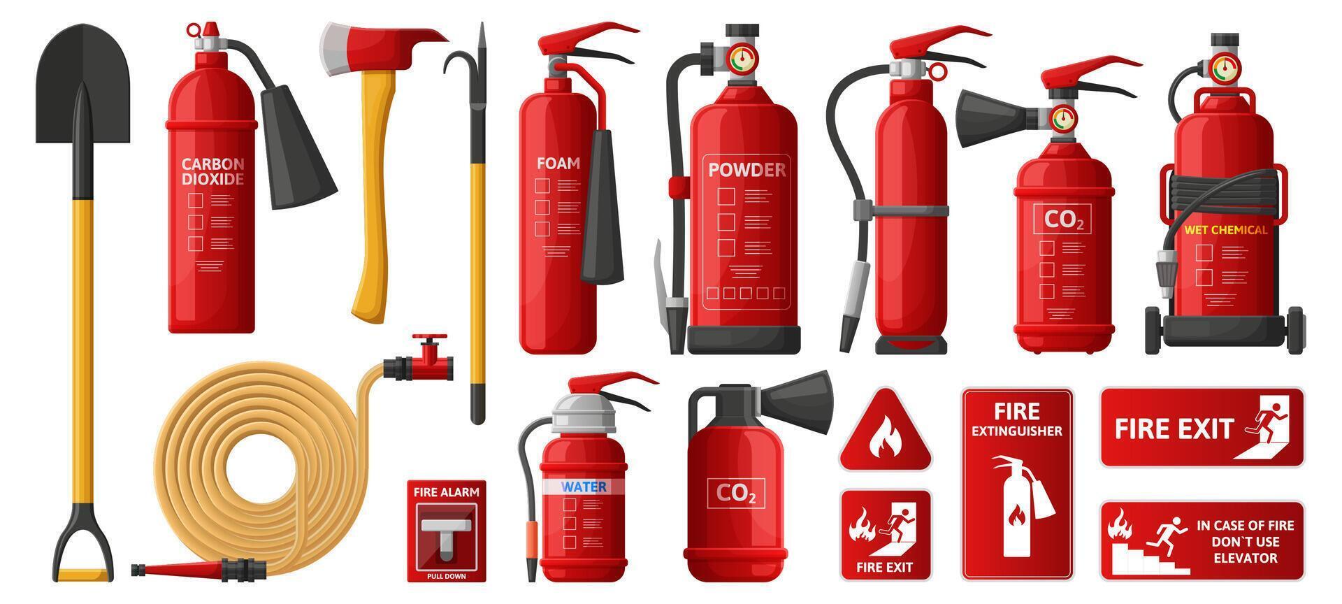 Firefighting, fire protection equipment, fire extinguisher, emergency signs. Firefighter protection, flame fighting tools illustration set. Fire station equipment vector