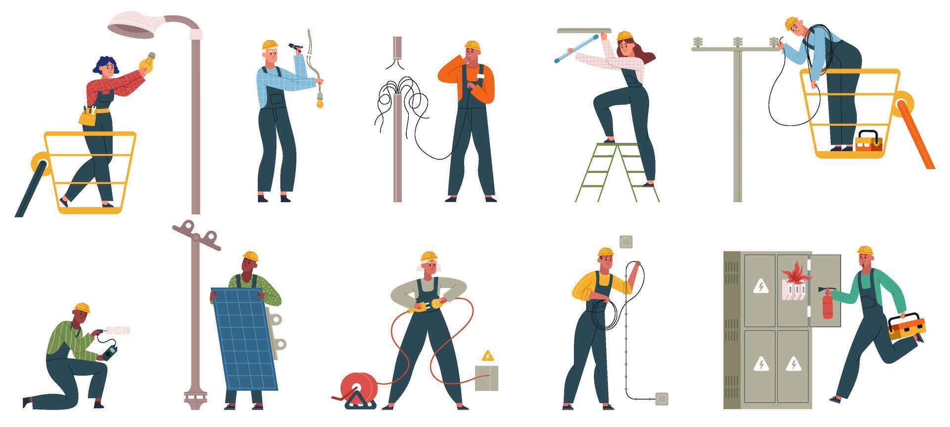 Electricity workers repair power line, changing lamp bulb. Professional electricity workers service power grids illustration set. Electricity repairman workflow vector
