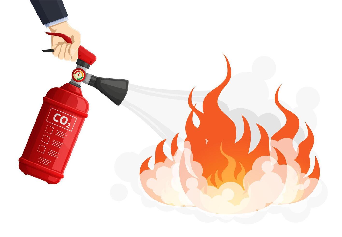 Extinguishes fire, red fire extinguisher flame protection. Flame protection, flame fighting concept illustration. Extinguish fire process vector