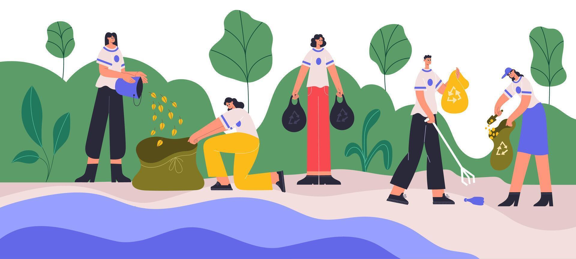 Volunteers cleaning garbage outdoor, ecology protection concept. People volunteering, cleaning garbage in city park illustration. Kindness and charity social workers vector