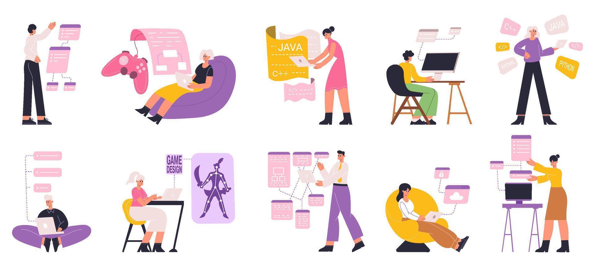 Programmers, web, software engineers and game designers. Web, game development, script coding, software developers flat illustration set. Digital development workers vector