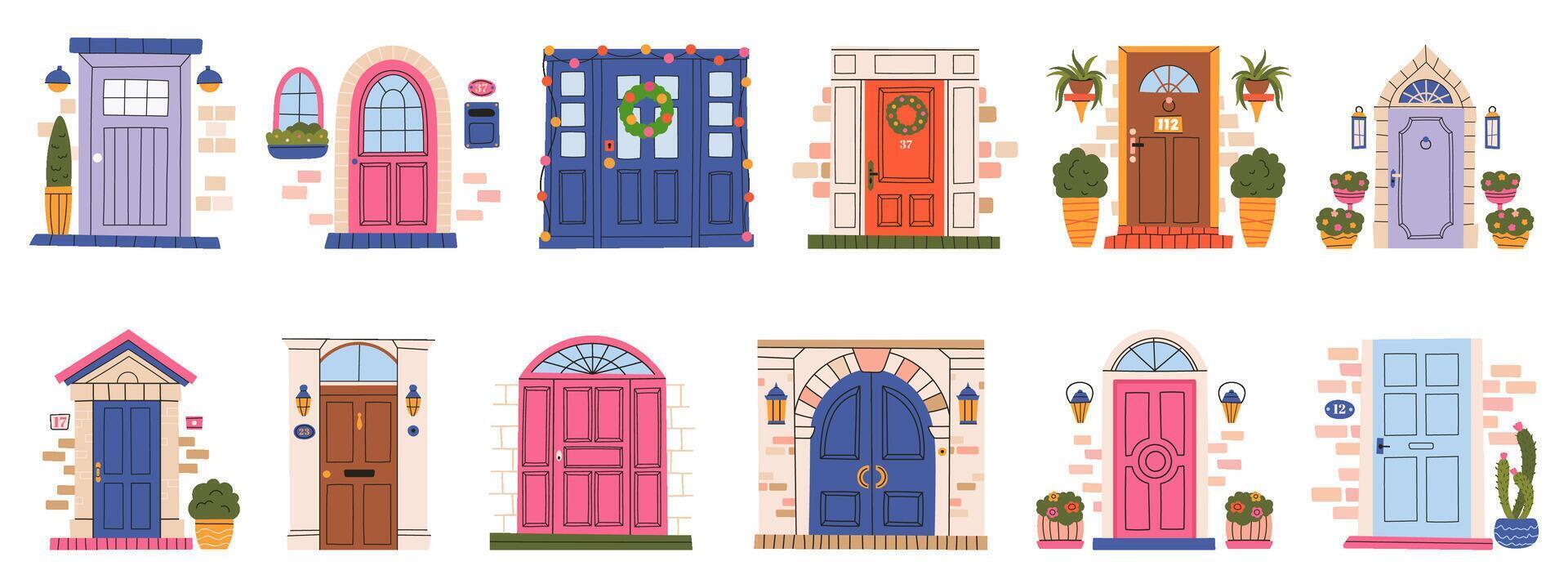 Hand drawn vintage front wooden doors, house or apartment entrances. House front doors, retro wooden home entrance illustration set. Exterior entrance closed doors vector
