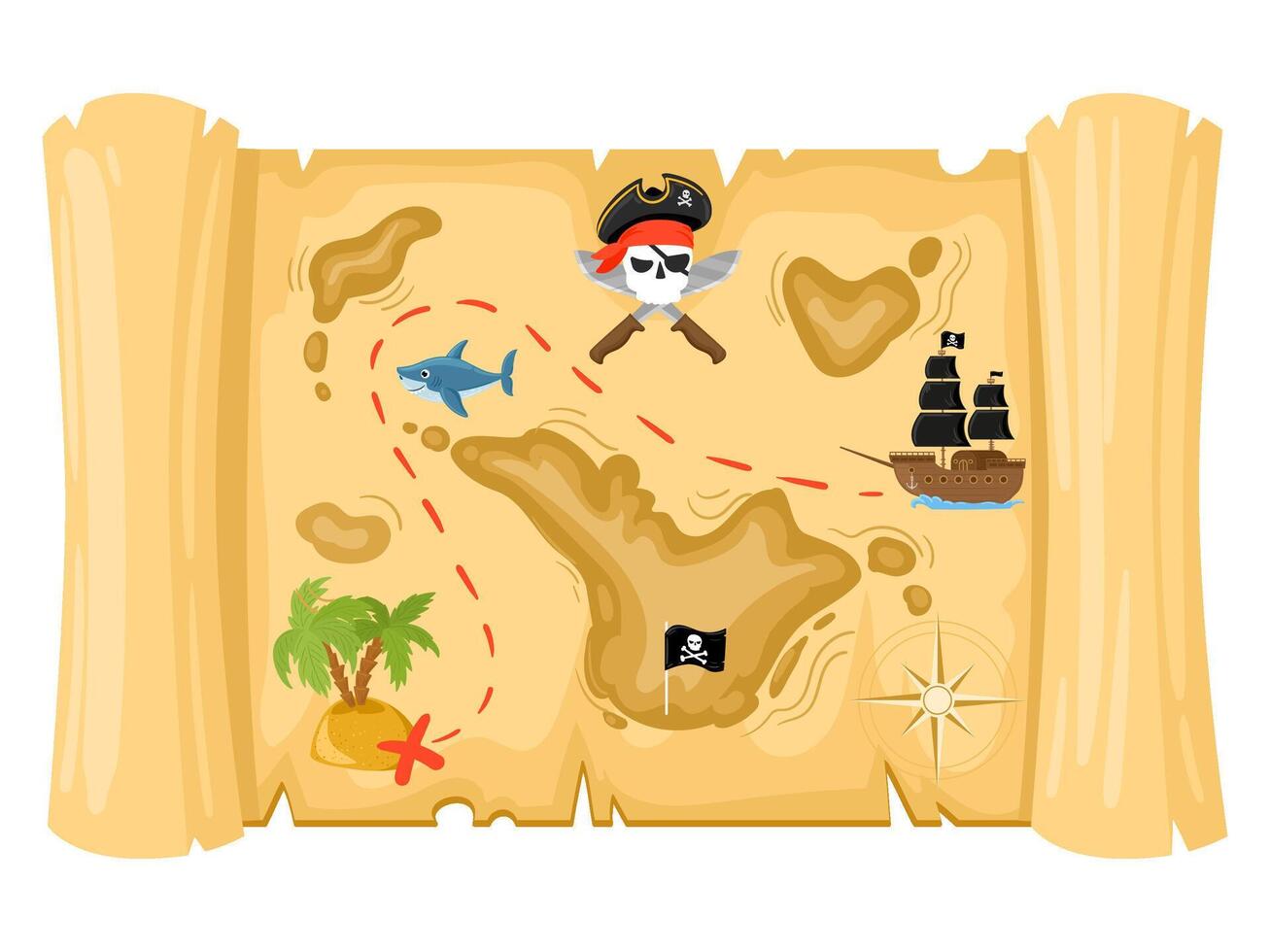 Cartoon pirate treasure map, old ancient papyrus scroll. Papyrus parchment old pirate adventure treasure map illustration. Antique papyrus treasure map vector