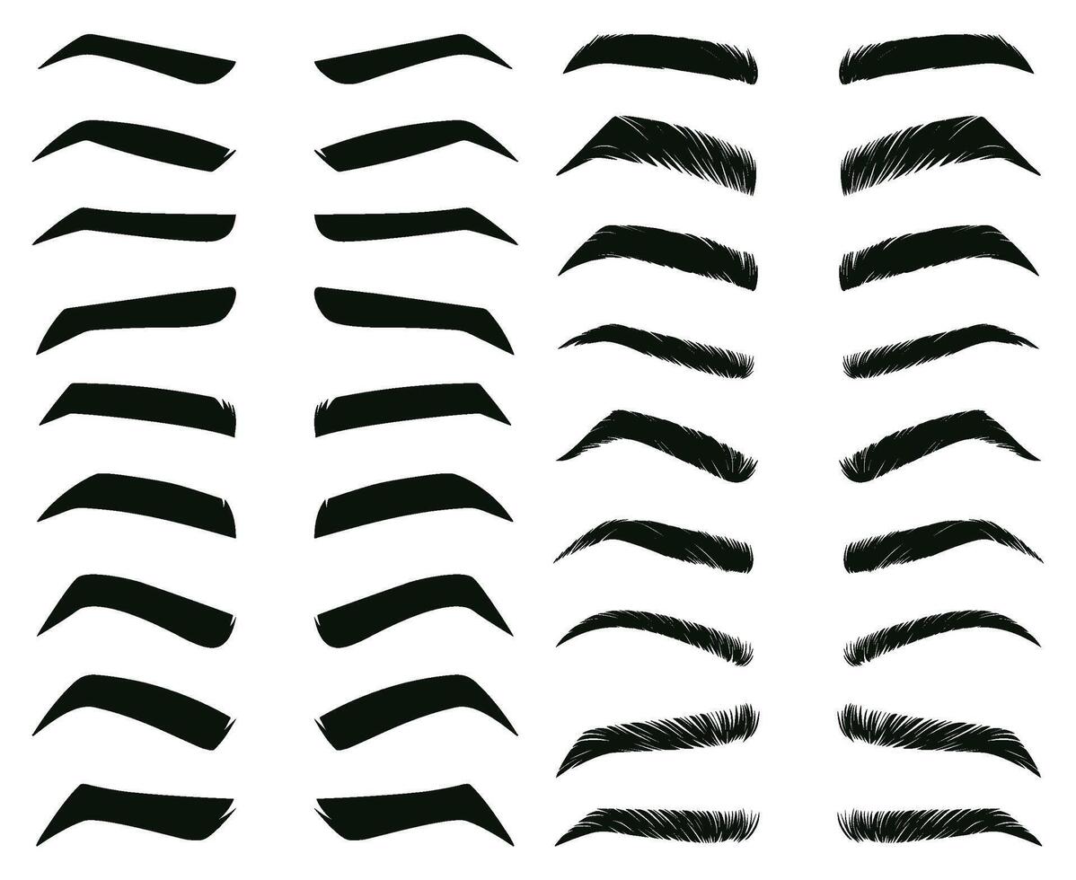 Cartoon eyebrows shapes, thin, thick and curved eyebrows. Classic eyebrows, brow makeup shaping illustration set. Various eyebrows types vector