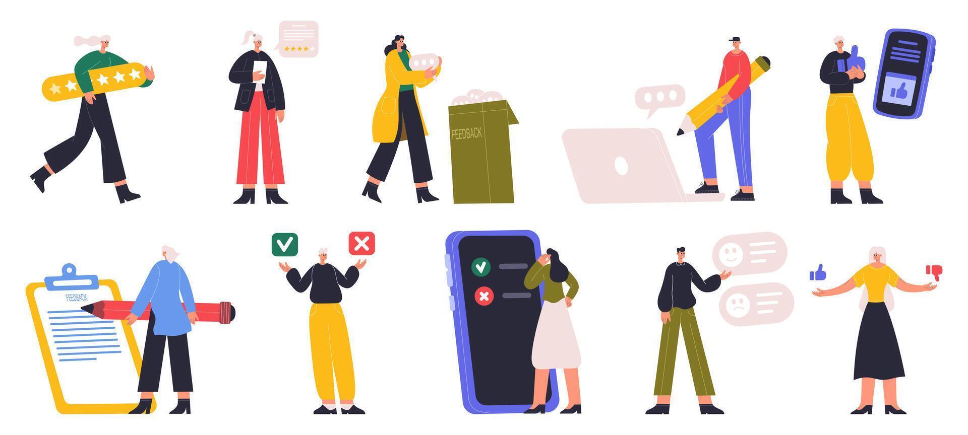 Characters rating, online survey or giving feedback. People choosing right answer, voting or giving customer review illustration set. Online survey concept scenes vector