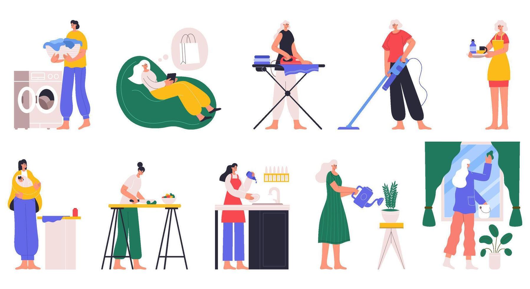 Housewives cooking, cleaning house, washing dishes, ironing clothes, take care of kids. Housewife doing housework illustration set. Housekeeping female characters vector