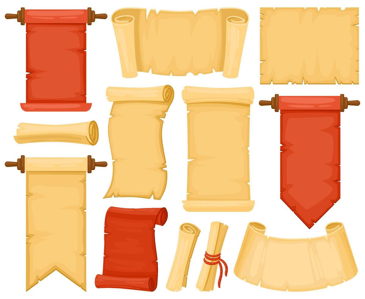 Cartoon old ancient papyrus, parchment paper scroll. Papyrus parchment paper scrolls, old map or historical document illustration set. Old manuscript scrolls vector