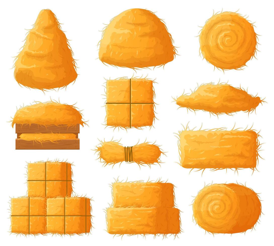 Bale of hay, agricultural haymaking, dried straw haystack, rural haycock. Farming haycock, dried haystack, straw and wheat flat illustration. Rural dry haystacks vector