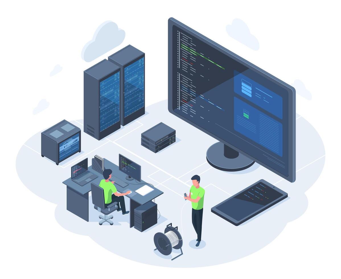Isometric 3d web hosting, database network server concept. Cloud network technology server engineers illustration. Server equipment maintain service vector