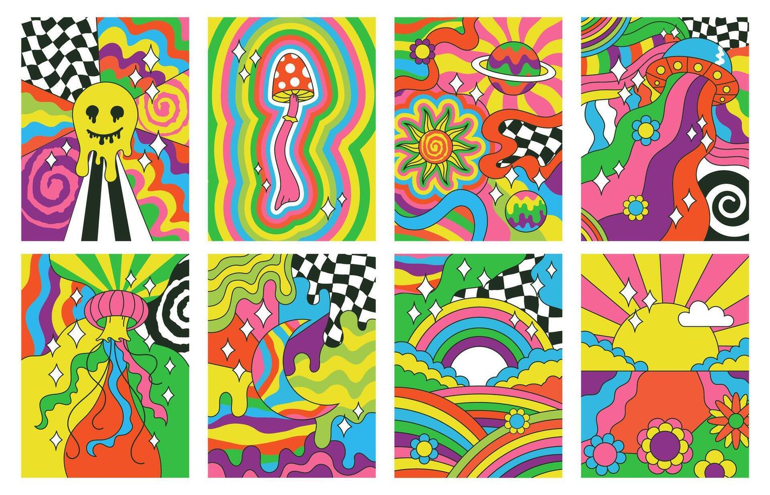 Hippie style, groovy vibes retro psychedelic art posters. Abstract 70s rainbow, sun, flowers hipster covers illustration set. Psychedelic groovy retro backgrounds vector