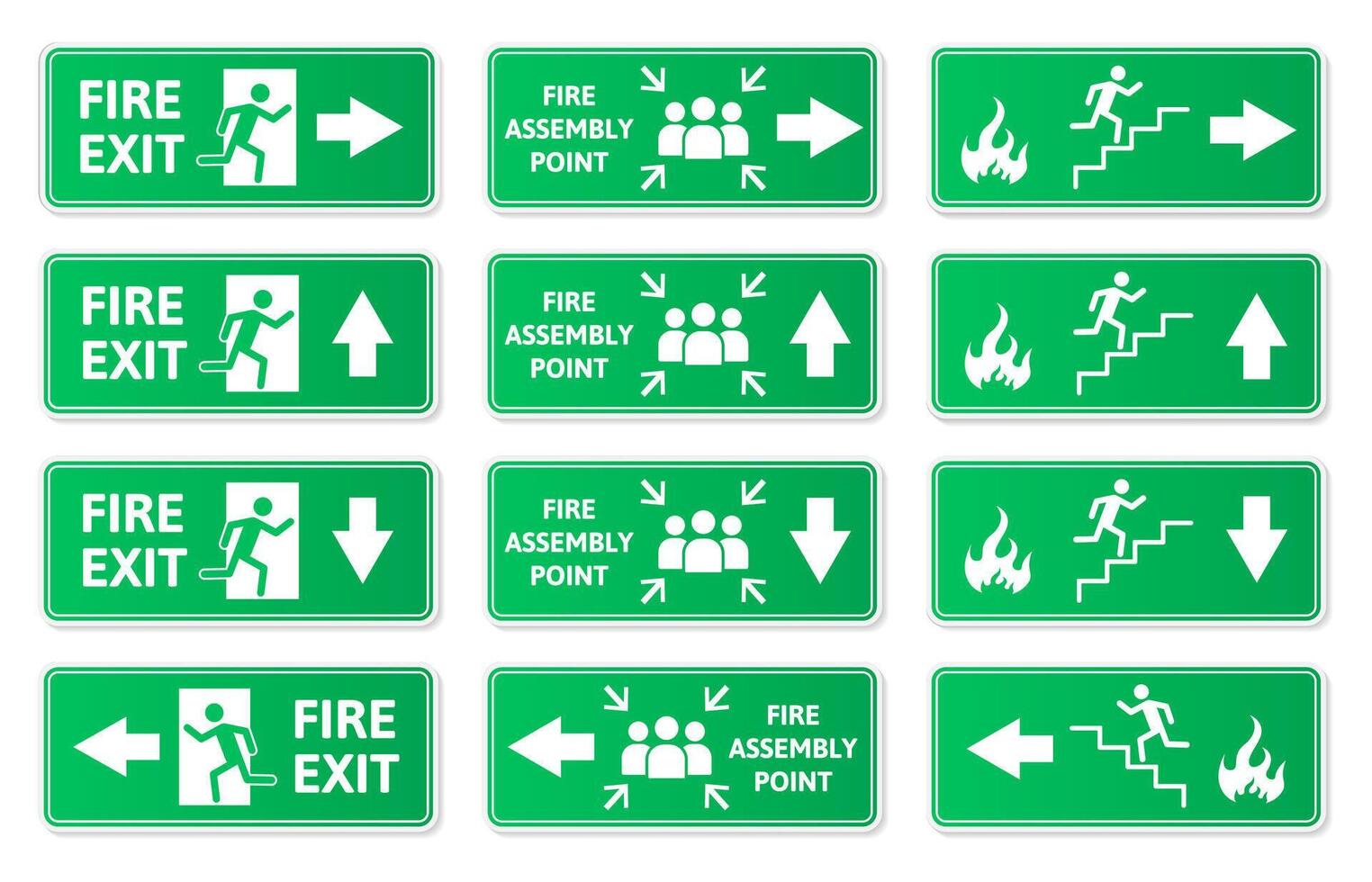 Emergency exit green signs, fire exit, fire assembly point symbols. Evacuation lane, running man and arrow sign green plates illustration set. Fire exit direction vector