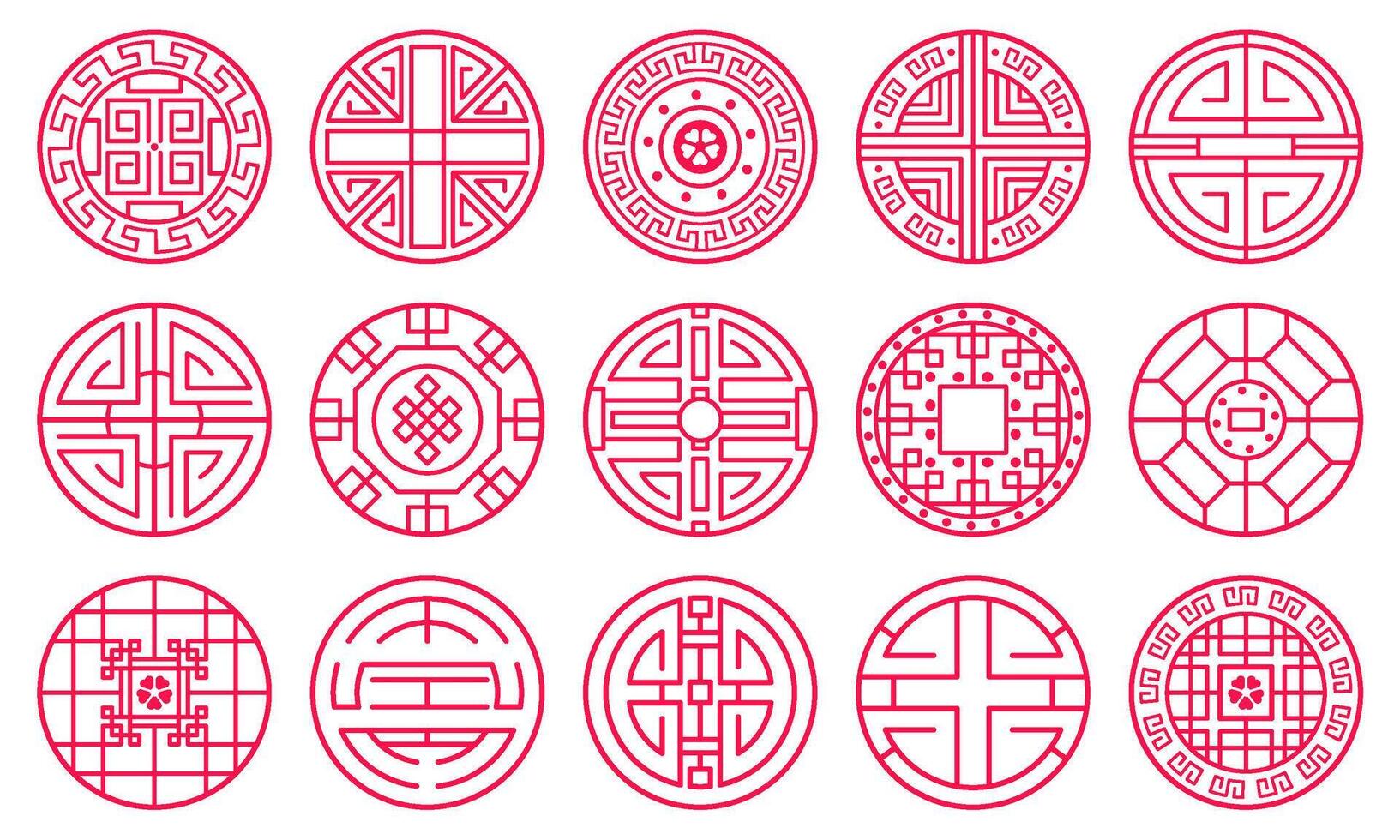 Chinese oriental decorative ornament round festive frames. Traditional oriental round elements illustration set. Asian decorative frame vector