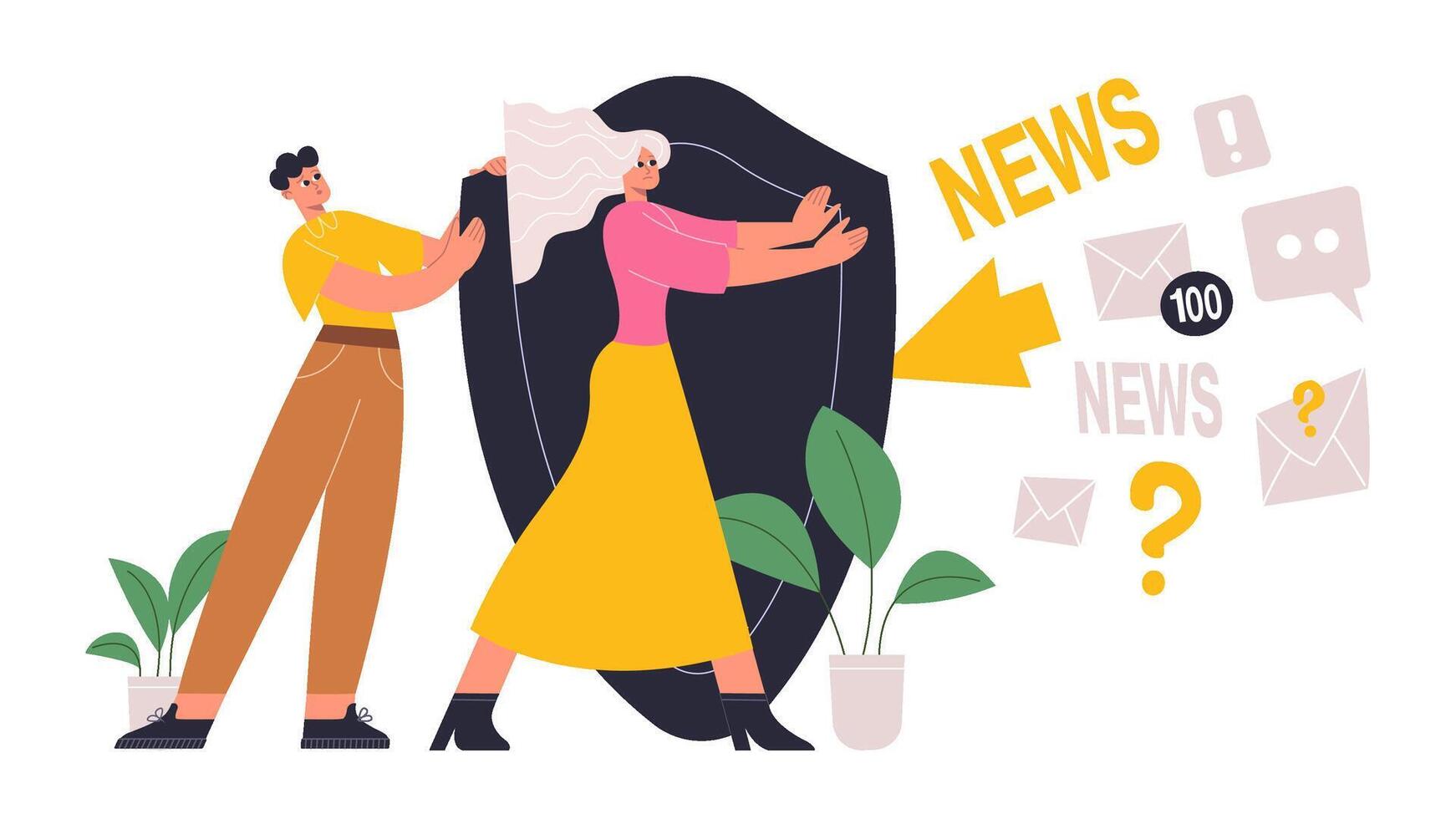 Overloading people, social media spam information overload. Characters holds social media info protection shield flat illustration. Information overload protection vector