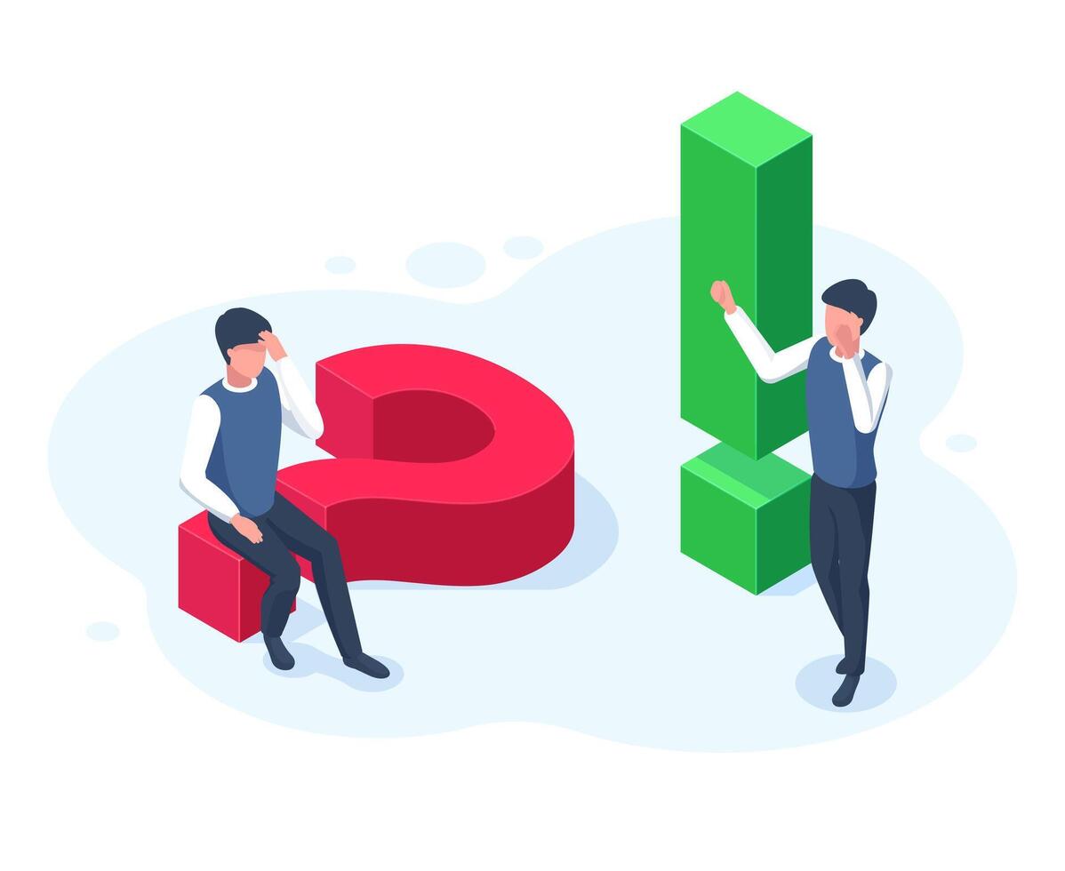 Isometric 3d question and answer, faq, problem solution concept. Male characters near question and exclamation marks illustration. Advice, answer or research concept vector