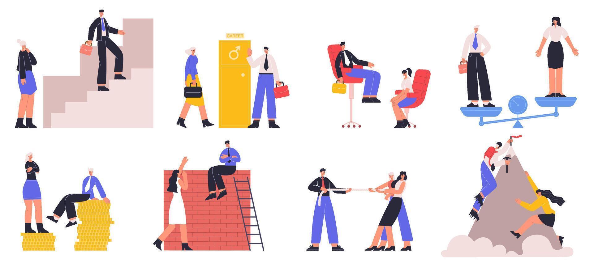 Gender work career inequality, women discrimination and inequality. Workplace discrimination, unequal career opportunities illustration set. Business gender gap vector