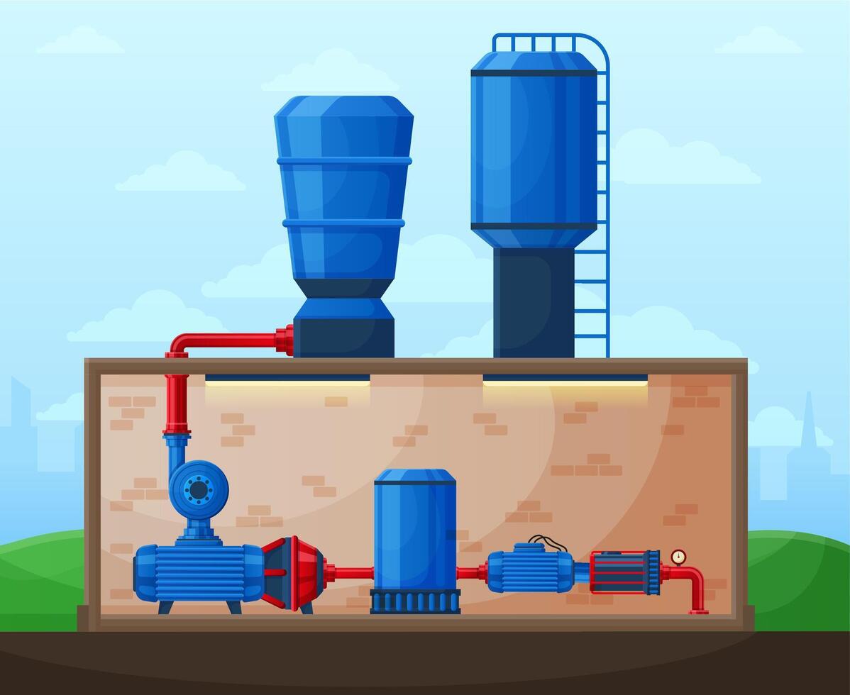 Industrial water pump station, water pumping technology. Factory water pumping compressor station process flat illustration. Water pumping motor system vector
