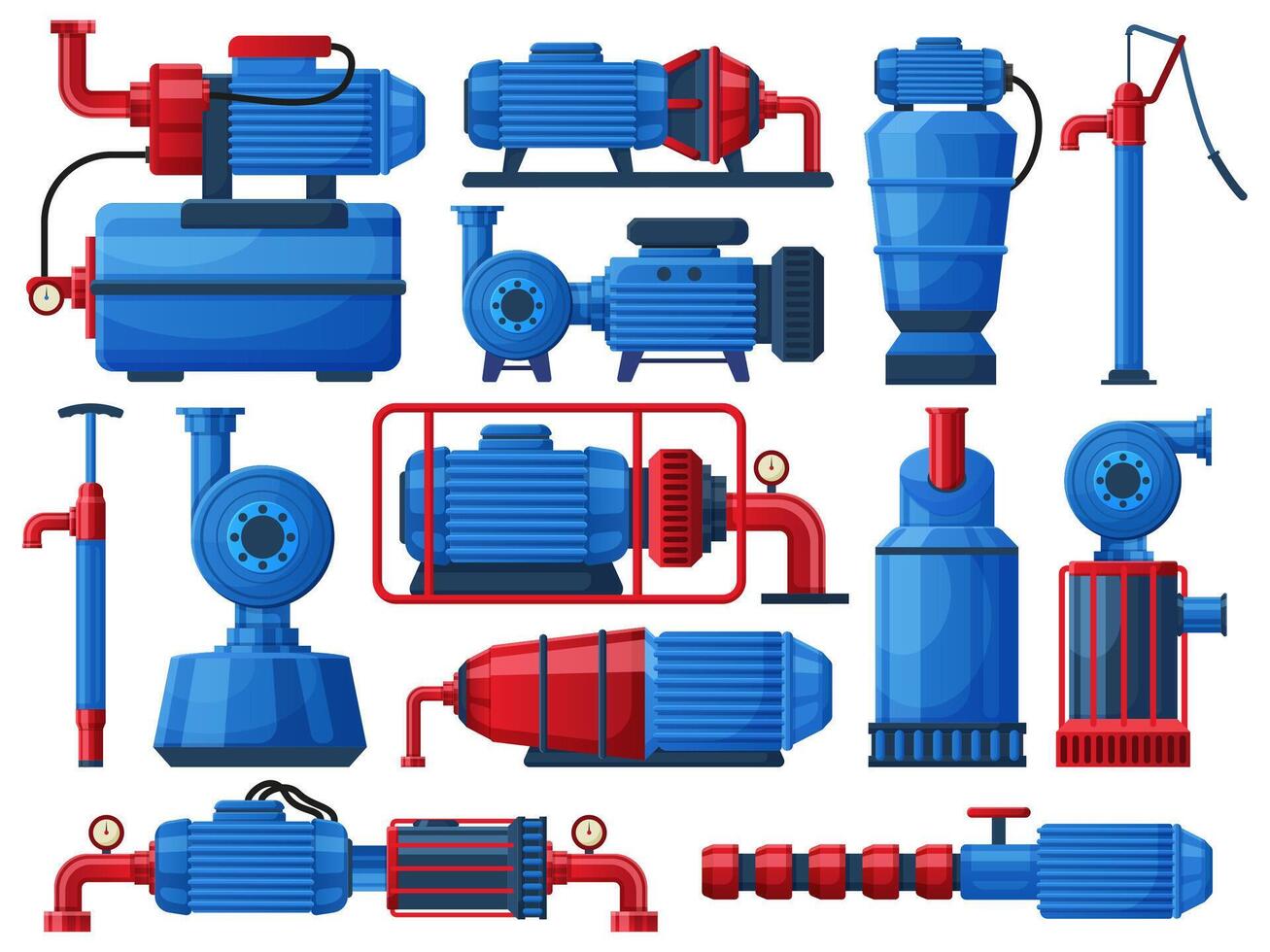Water pumps, industrial water motor pumping system. Factory water tanks, water pumping compressors flat illustration set. Pumping motor systems vector