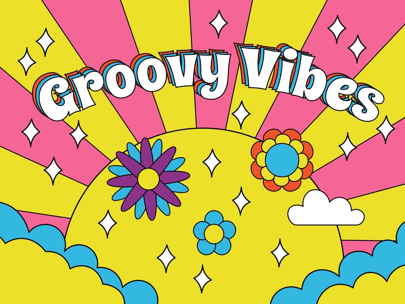 Groovy retro vibes, psychedelic style 70s hipster poster. Hippie style, abstract rainbow sun and flowers hipster background illustration. Retro psychedelic cover vector