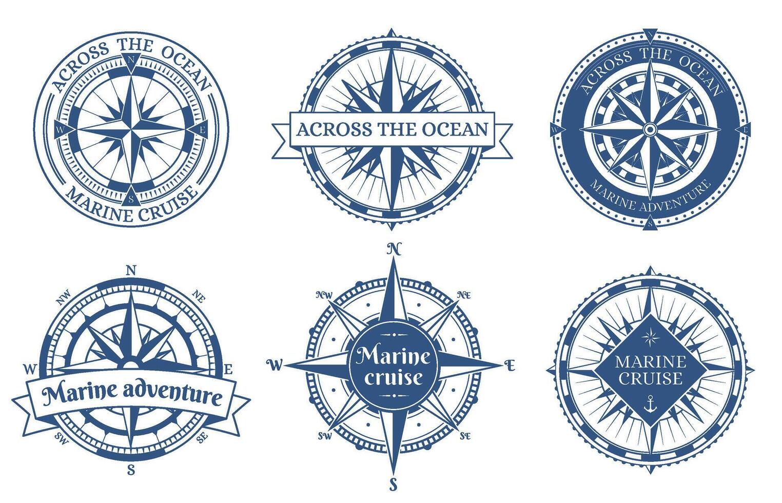 Vintage rose wind nautical compass marine labels. Old antique marine navigation compass emblems illustration set. Sea wind rose compasses badges vector