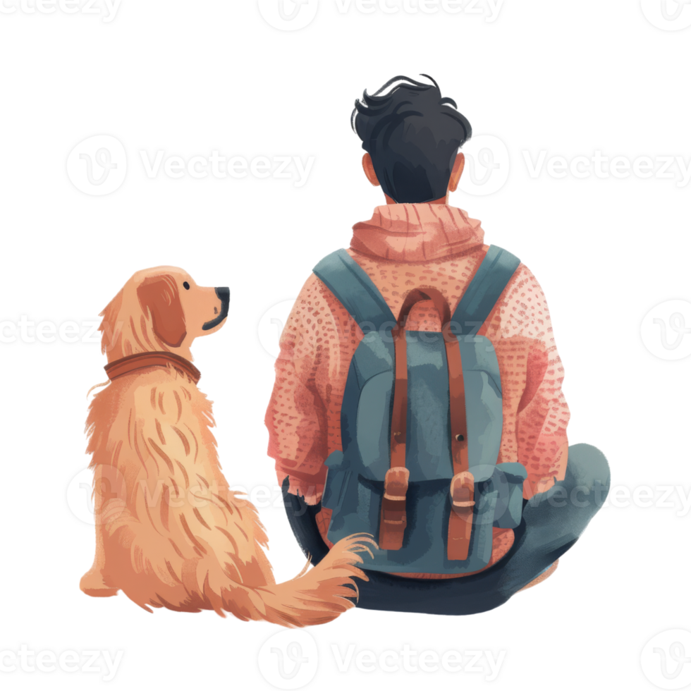 Boy with Backpack Sitting with Golden Retriever Dog png