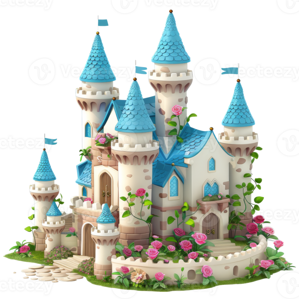Magical Castle with Blue Turrets and Floral Gardens png