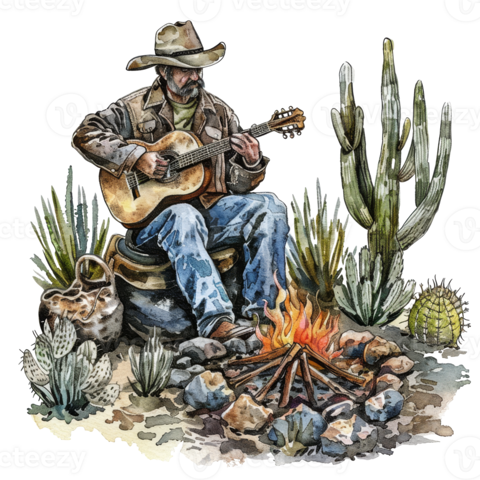 Cowboy Playing Guitar by Campfire with Cacti png