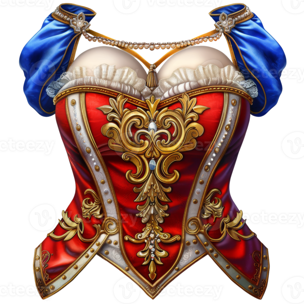 Red and Blue Corset with Intricate Gold Detailing png