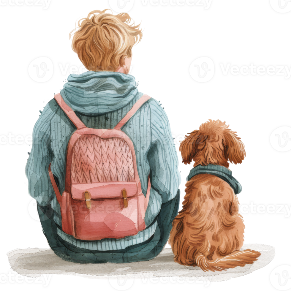 Young Boy with Backpack and Dog Sitting Together png