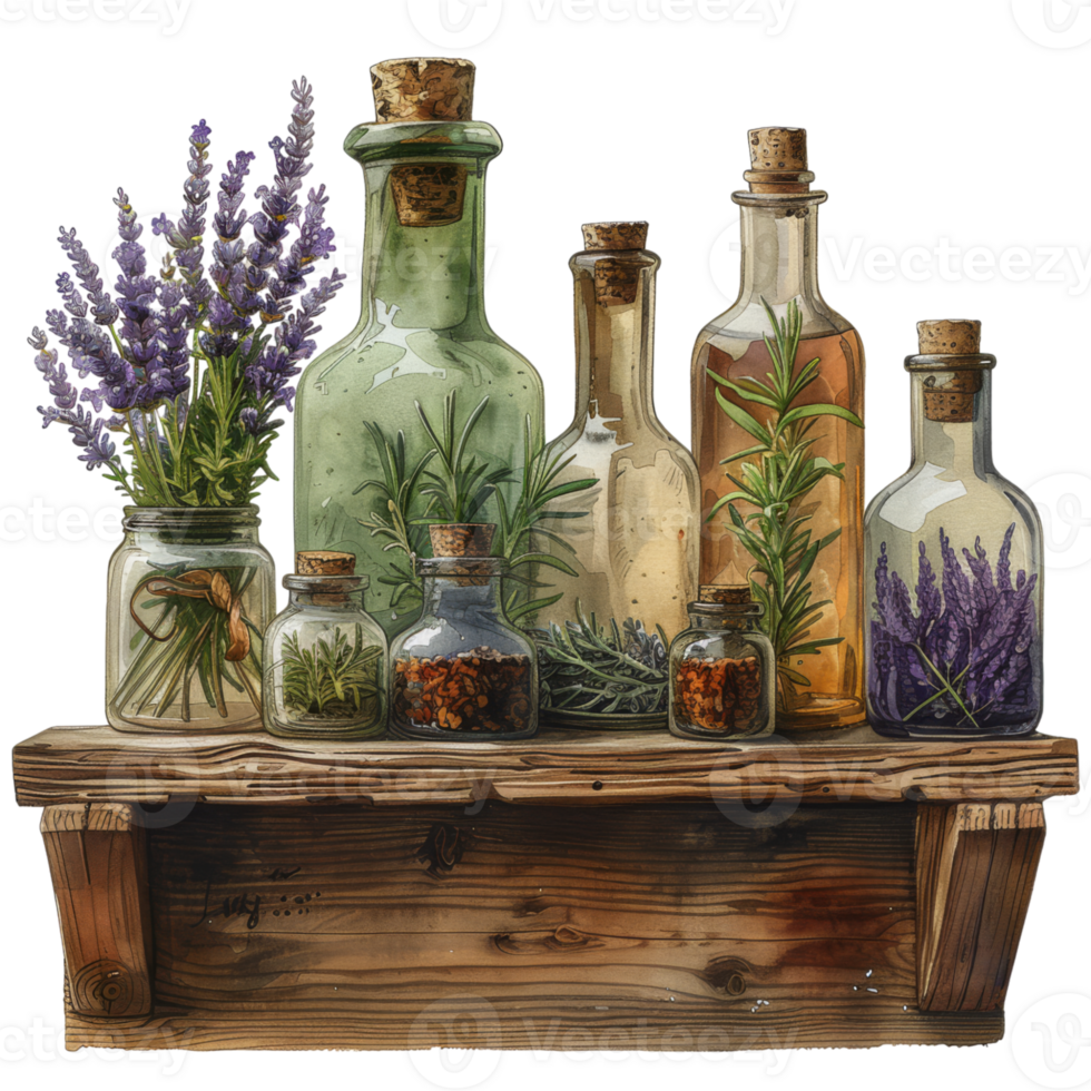 Wooden Shelf with Assorted Glass Bottles Containing Herbs and Flowers png