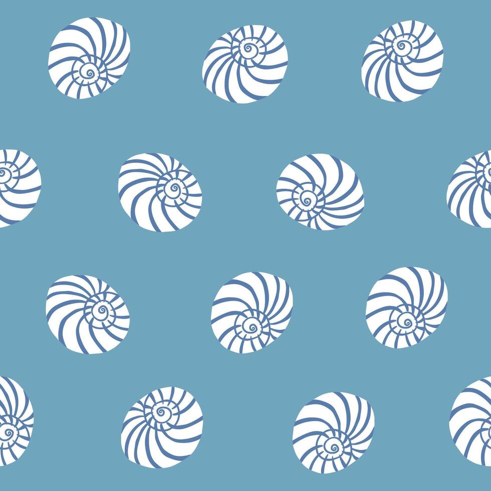 Simple round sea shells seamless pattern on blue background. Beach, travel, vacation, summer holiday on a coast repeat pattern for fashion, paper design. vector
